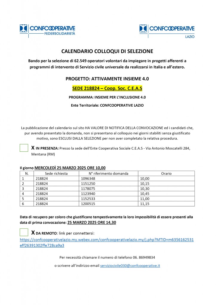 Calendario colloqui ATTIVAMENTE INSIEME 4.0